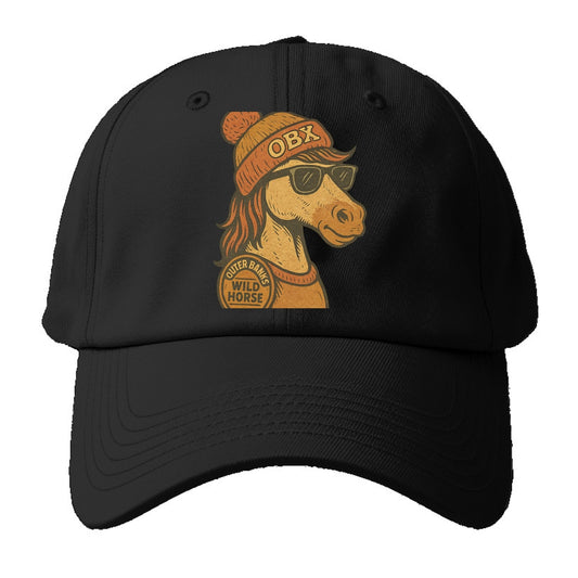 Outer Banks Wild Horse wearing OBX beanie with pom pom and wayfarer sunglasses - Baseball Cap - Black