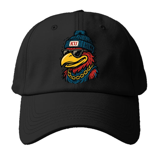 Lawrence Jayhawk wearing Kansas beanie with KU patch - Baseball Cap - Black