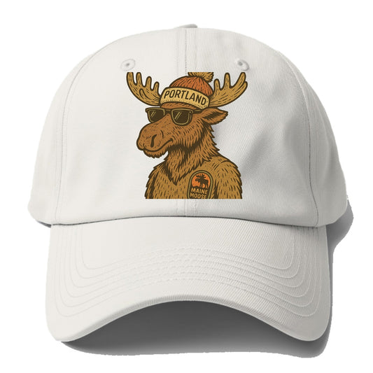 Maine Moose wearing Portland beanie with pom pom and wayfarer sunglasses - Baseball Cap - Off White